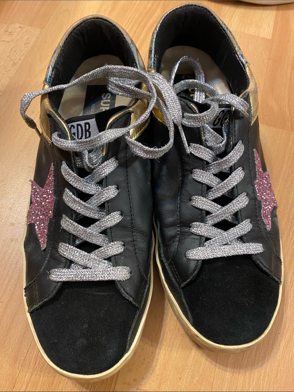 Golden Goose Black Sneakers With Pink Glitter Star And Gold Heel